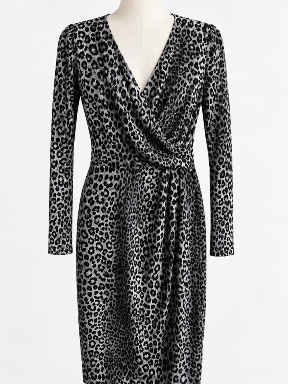 MICHAEL Michael Kors Black & Gray Leopard Print Long Sleeve Wrap Dress Size XS